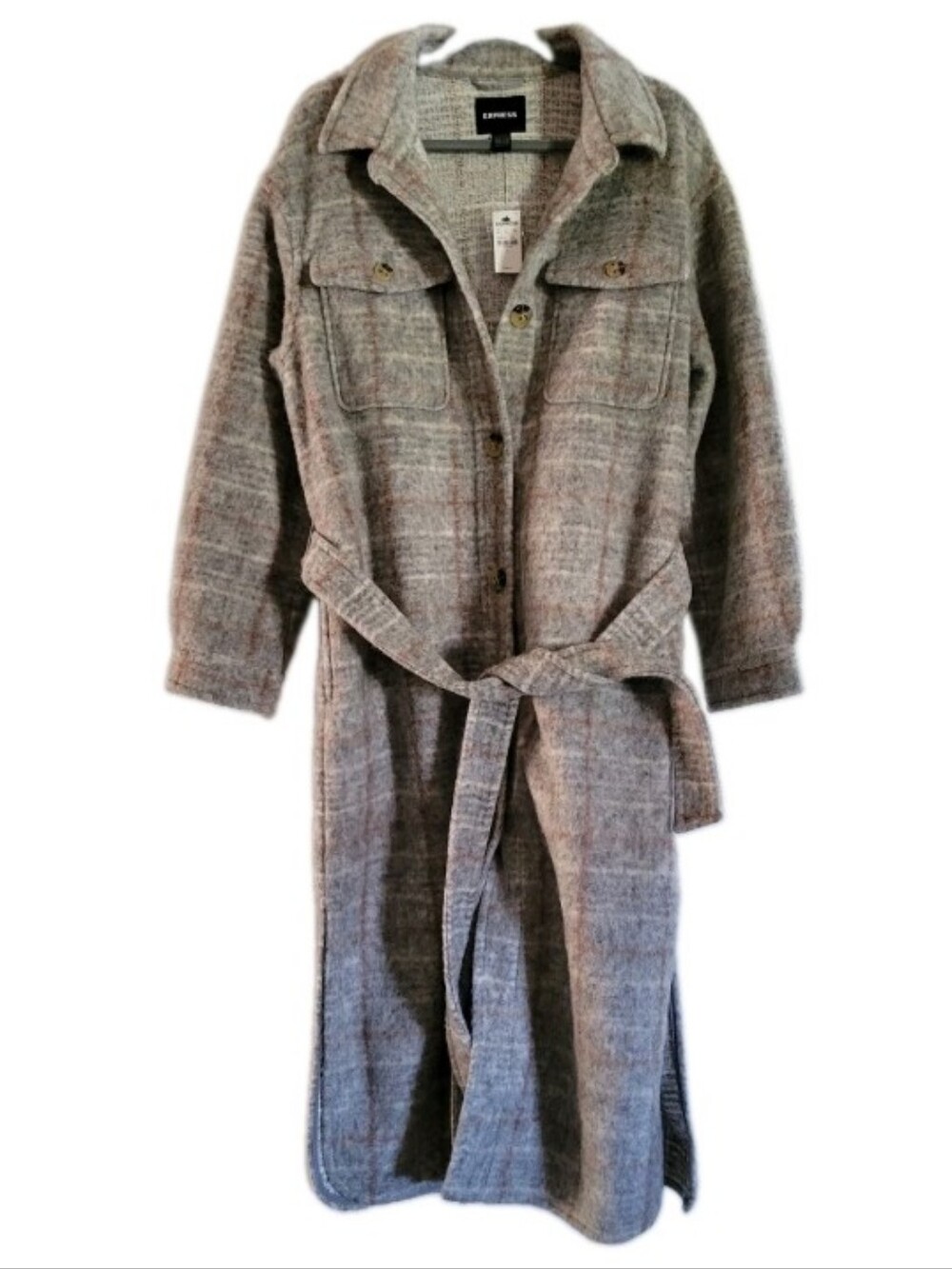 Express Longline Shacket Coat Trench Wool Blend Belted Gray Glen Plaid Outerwear